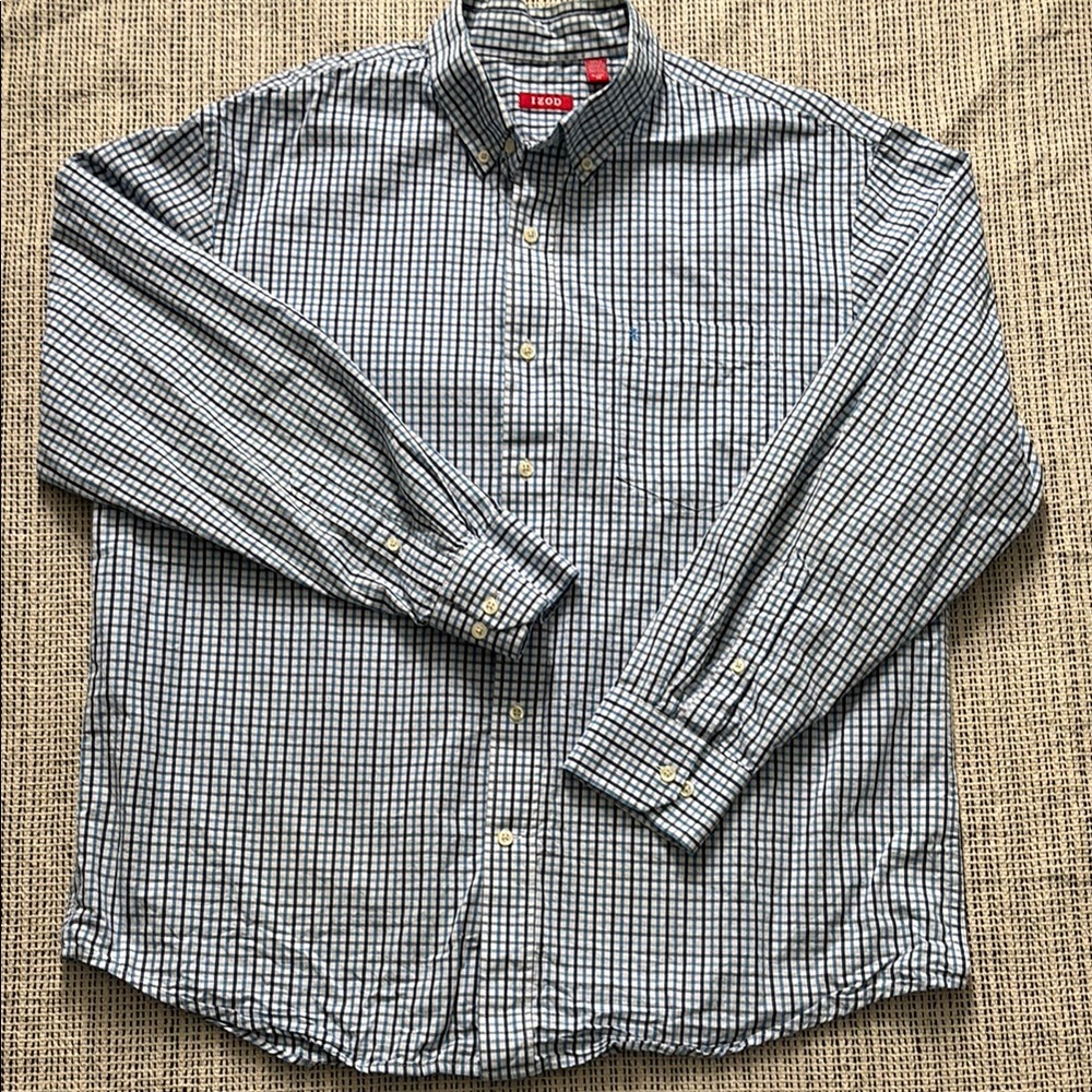 Izod Men’s Blue Casual Button Down Shirt with Checkered Pattern SZ XL